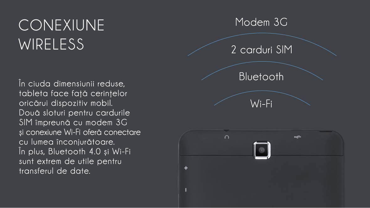 In ciuda dimensiunii reduse, tableta face fata cerintelor oricarui dispozitiv mobil. Doua solturi pentru cardurile SIM impreuna cu modem 3G si conexiune Wi-Fi ofera conectare cu lumea inconjuratoare. In plus, Bluetooth 4.0 si Wi-Fi sunt extrem de utile pentru transferul de date.