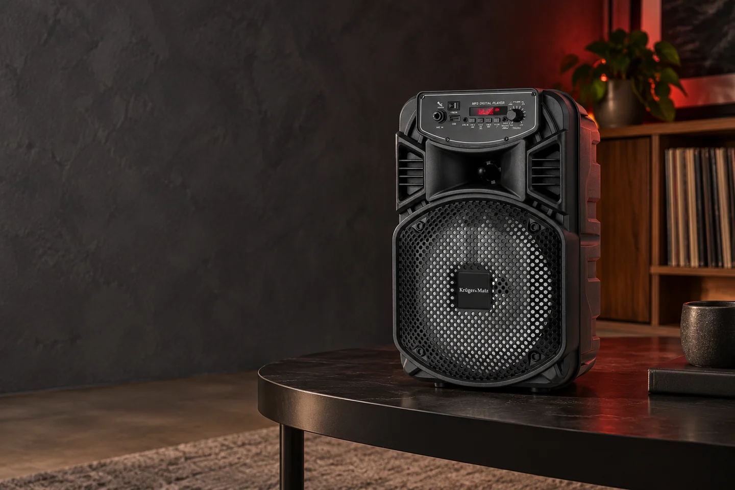 Boxa Bluetooth Portabila Music Box Kruger&Matz intr-un decor de acasa.