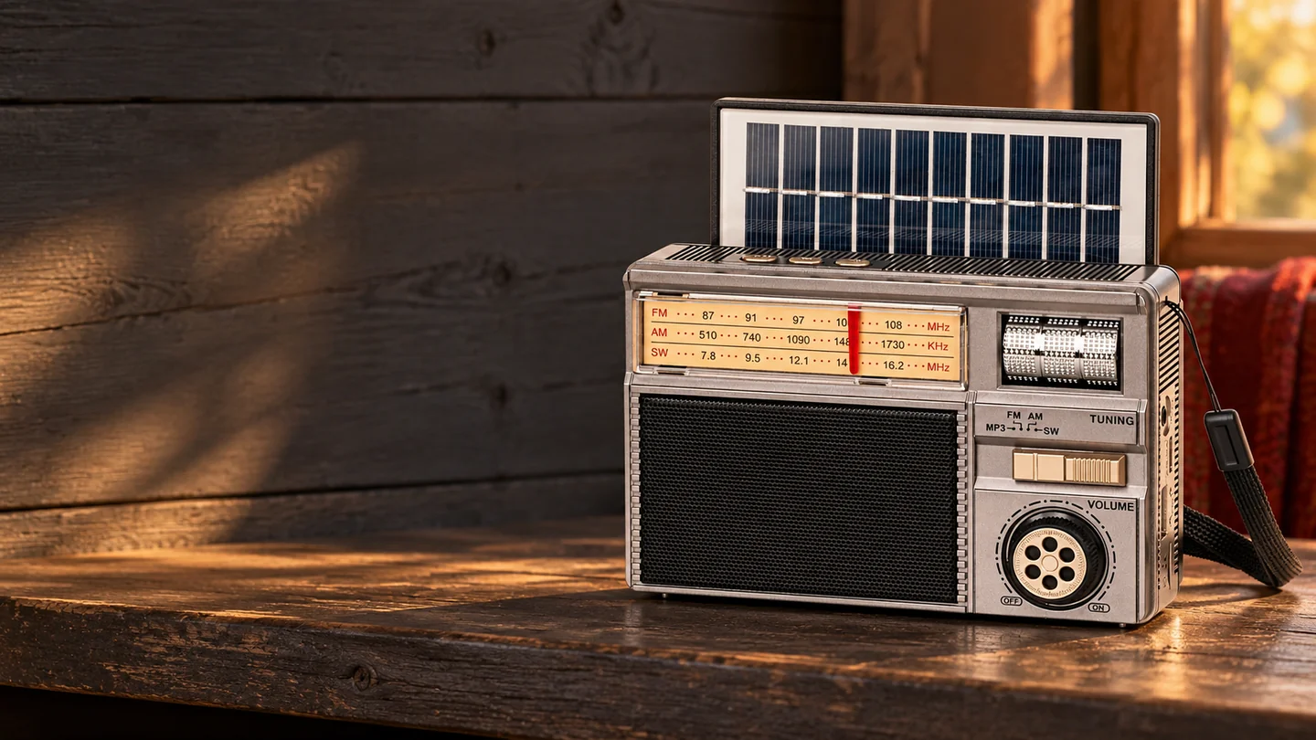 Radio Portabil Analog Incarcare Solara Kruger&Matz intr-un decor de acasa.